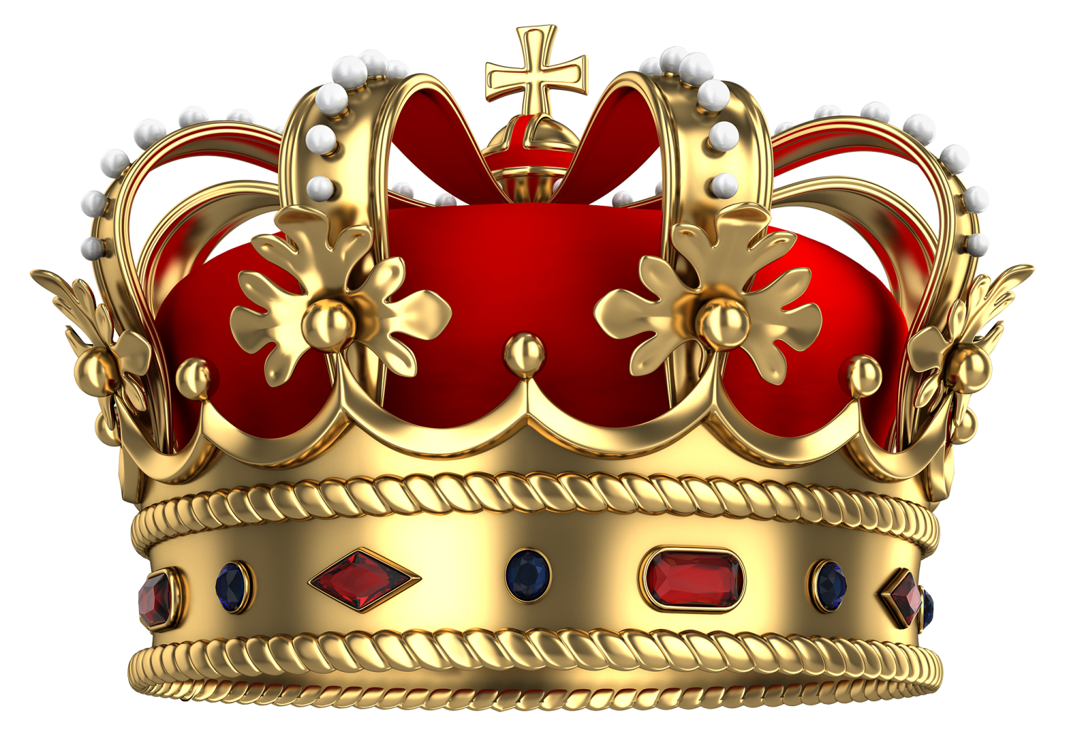 a gold crown with red and blue gems