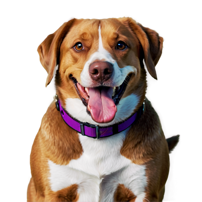 a brown and white dog with its tongue out