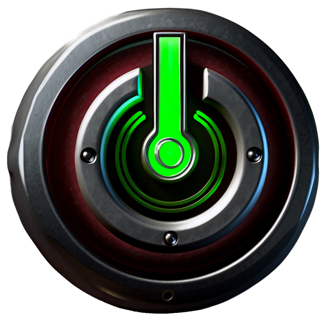 a green and black button on a white background