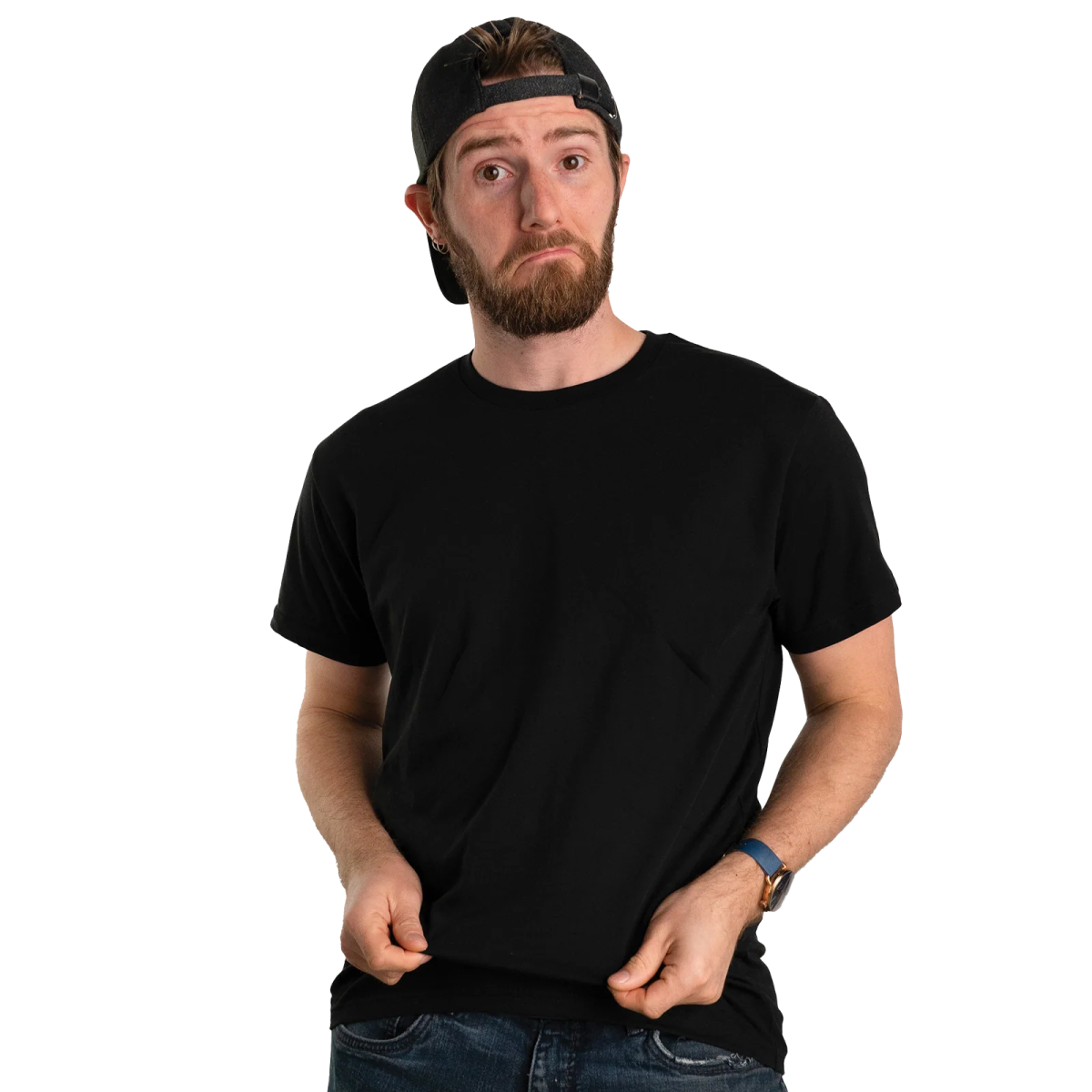 a man wearing a black t - shirt and jeans