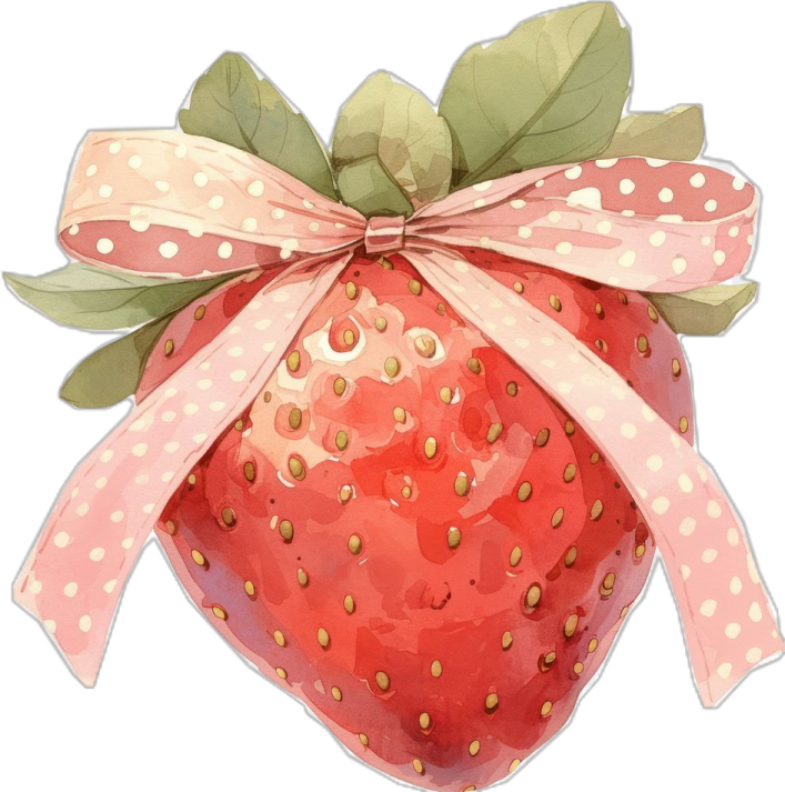 a watercolor painting of a strawberry with a pink bow