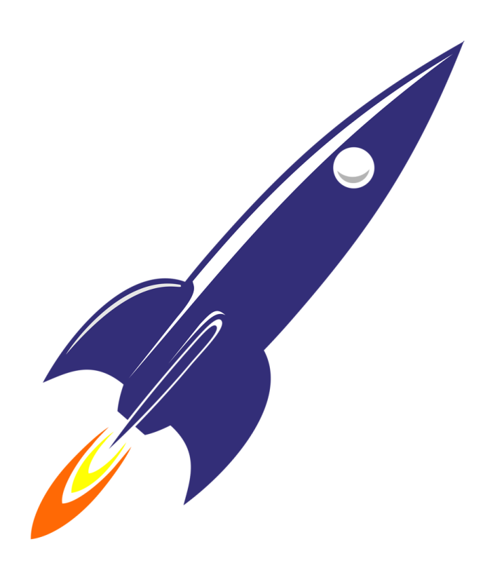 a blue and orange rocket with a white background
