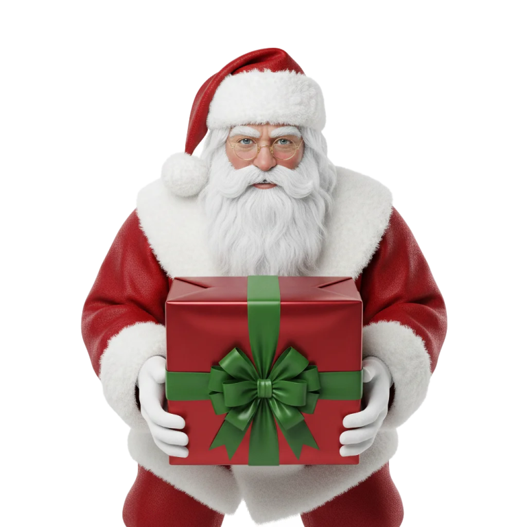 a santa claus holding a gift box