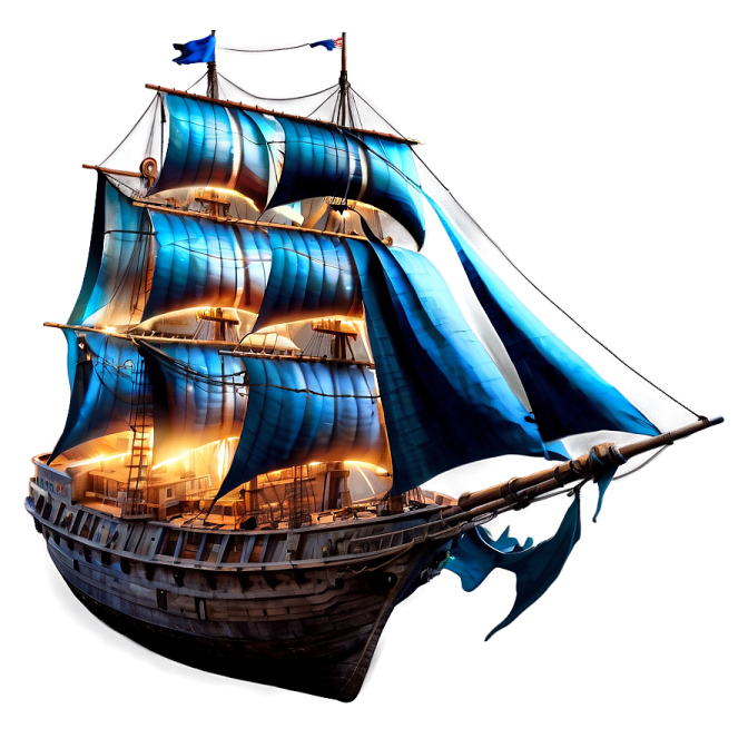 a blue and white pirate ship