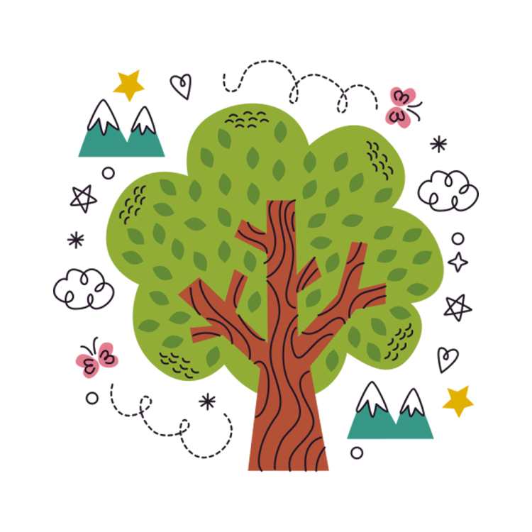 an illustration of a tree with mountains in the background