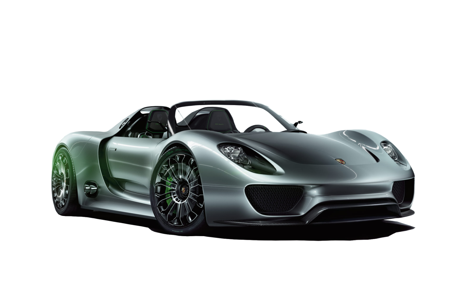 a silver car with green wheels on it