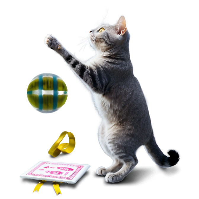 a cat playing with a ball and a book