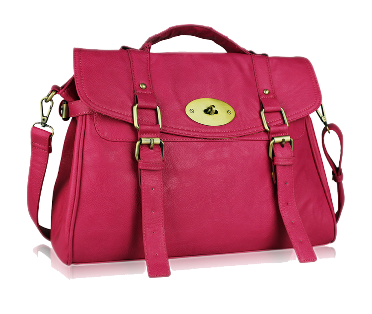 a pink leather handbag with gold hardware
