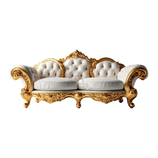 a white couch with gold detailing on it