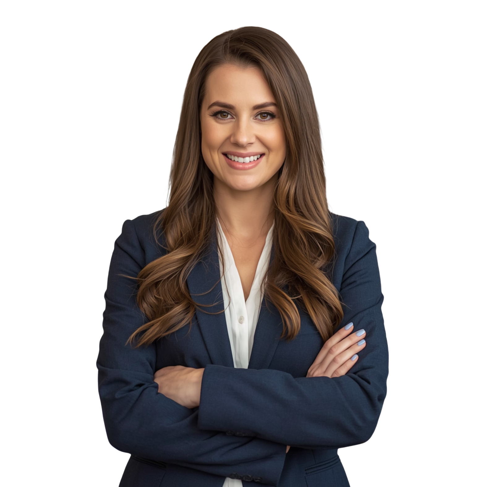 a woman in a business suit with her arms crossed