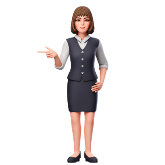 a woman in a business suit pointing at something
