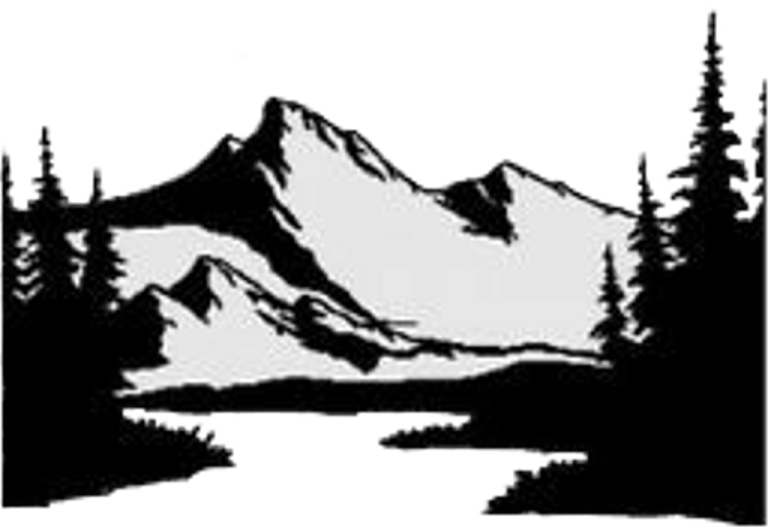 a black and white image of mountains with trees