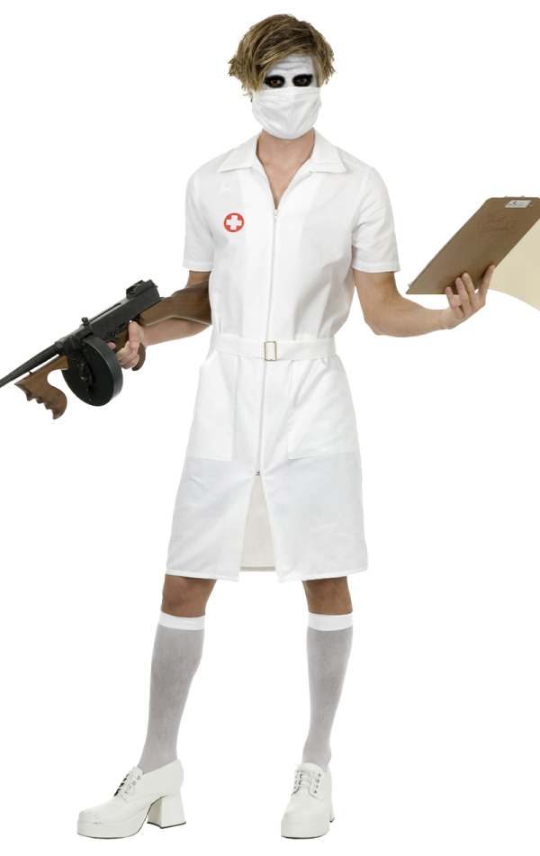 a man dressed as a nurse holding a gun