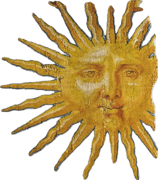 a gold sun face on a white background