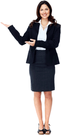 a woman in a business suit pointing at something