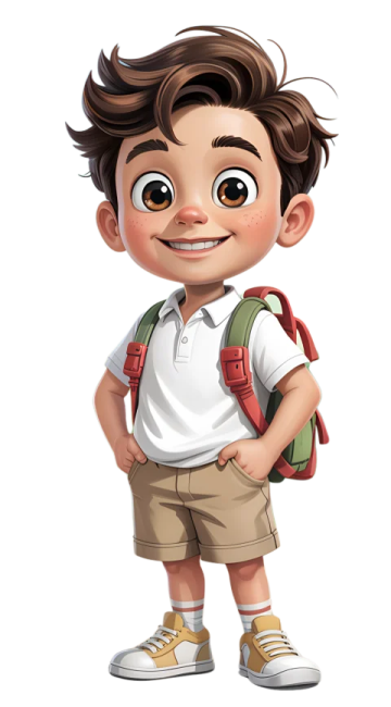a young boy with brown hair wearing a backpack and smiling