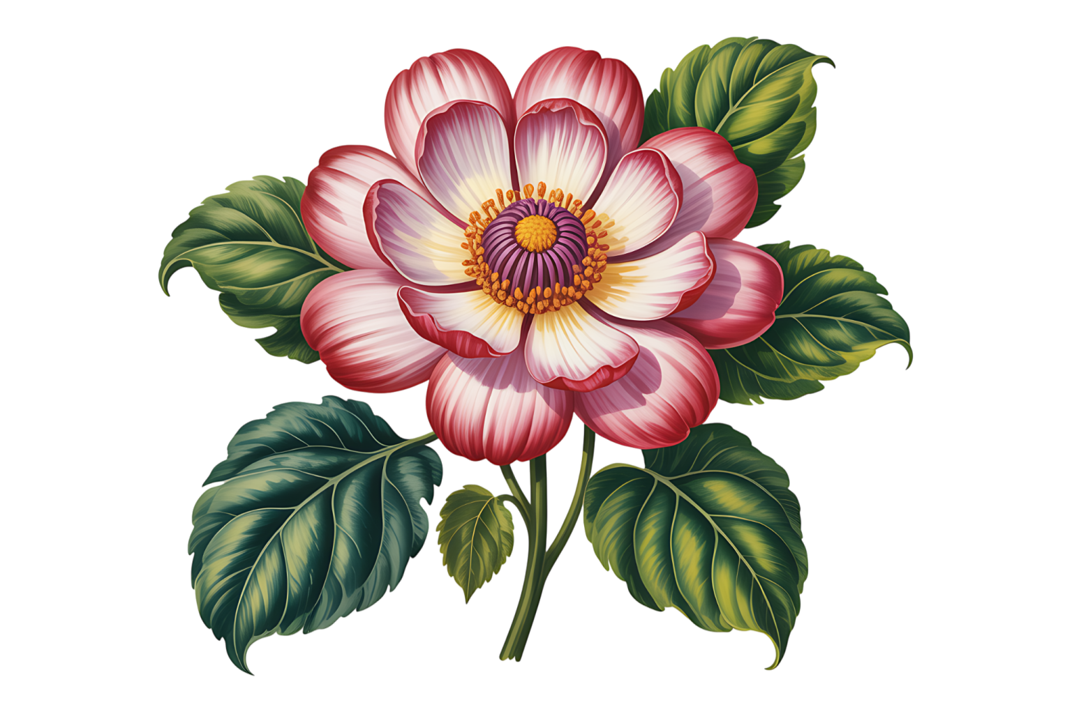an illustration of a pink flower with green leaves