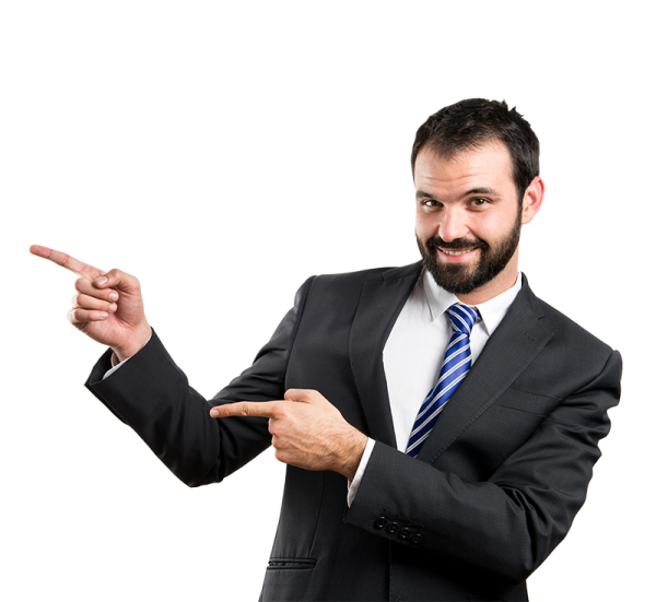 a man in a suit pointing at something