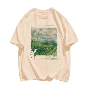 a t - shirt with a painting of a landscape