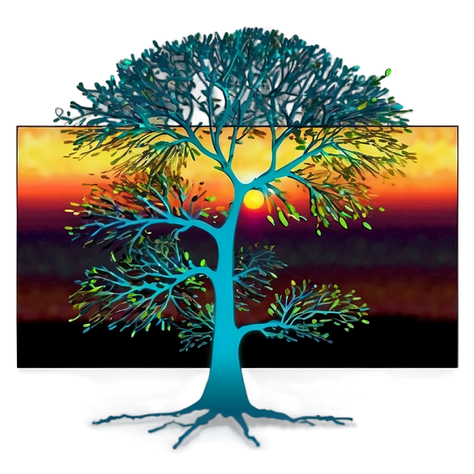 a blue tree with green leaves in front of a sunset