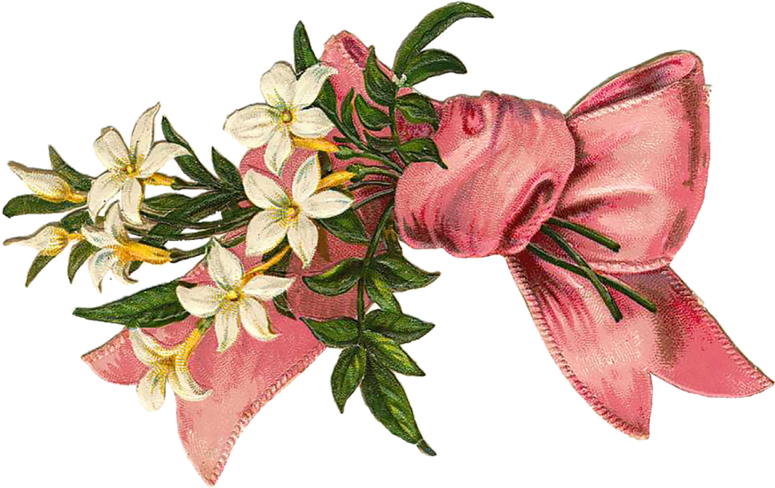 a pink bow with white flowers and green leaves