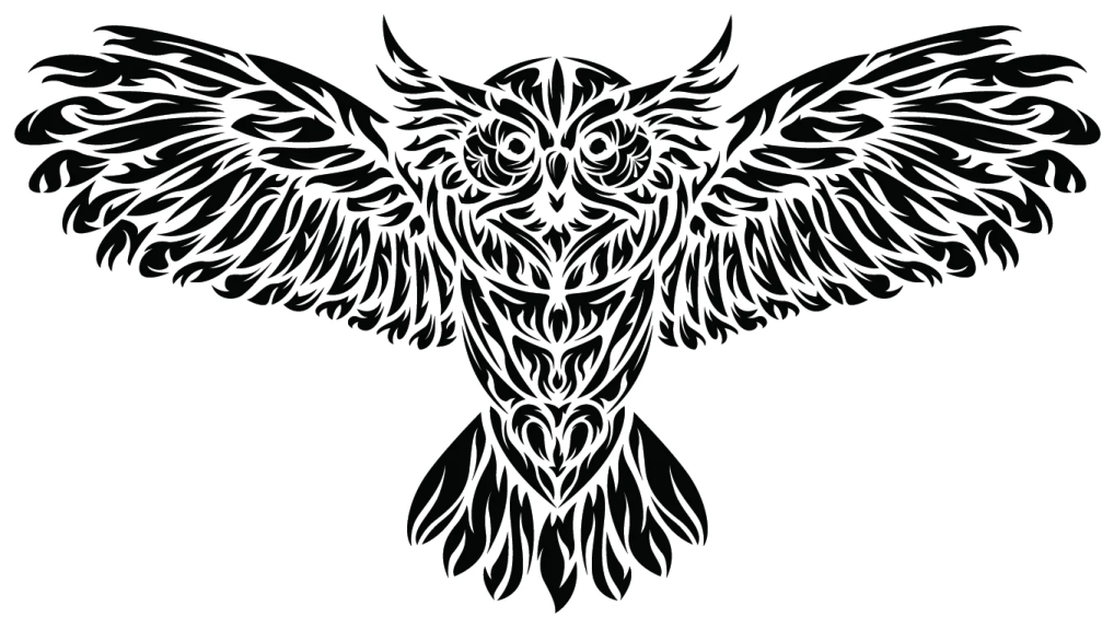 a black and white drawing of an owl with wings