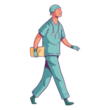 a man in scrubs walking down the street