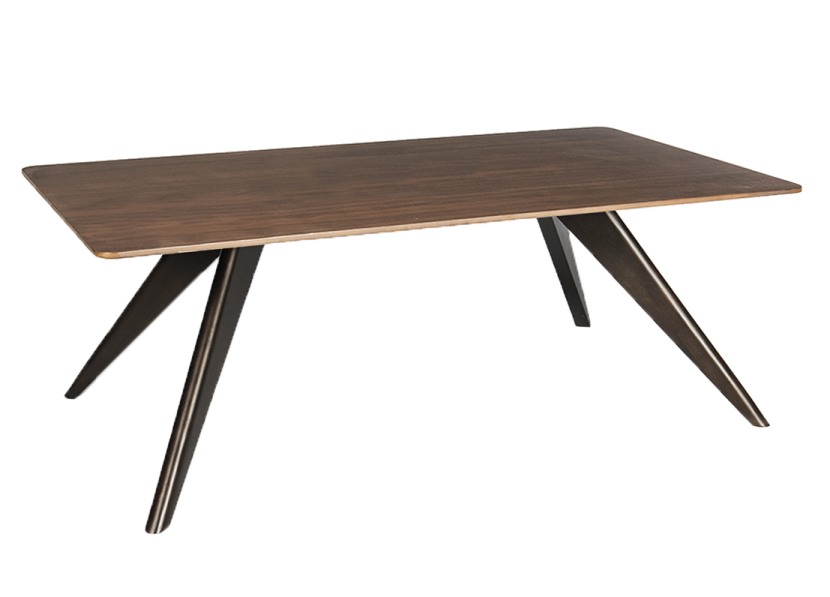 a wooden table with black legs and a walnut top