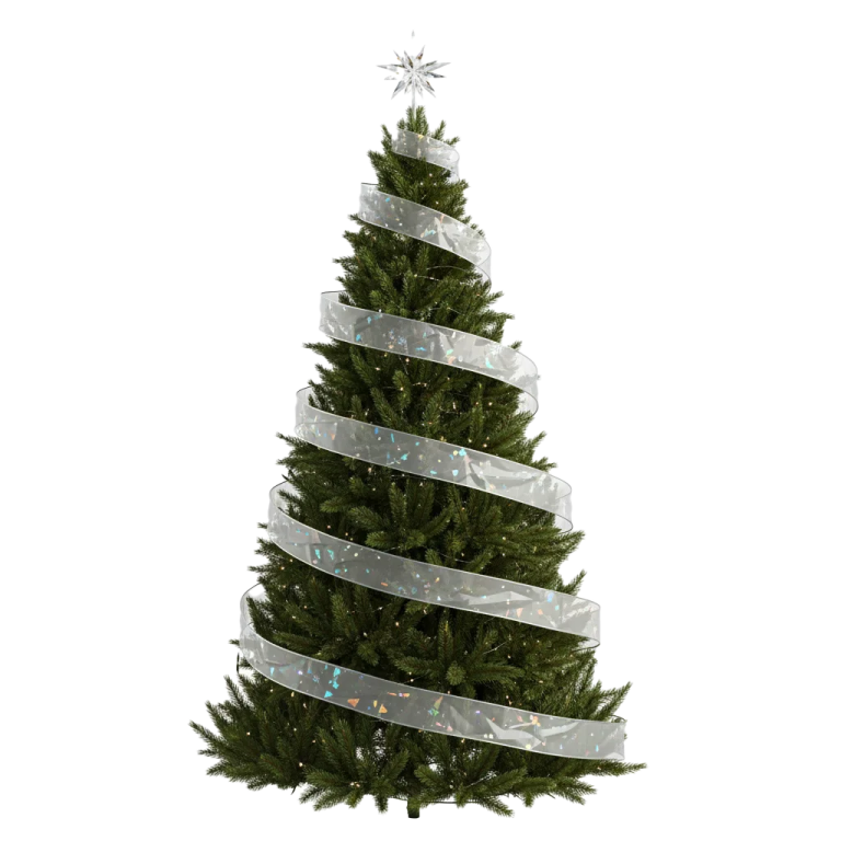 a white christmas tree with silver ribbons on it