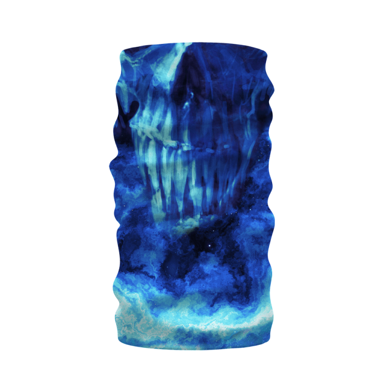 a blue and white face mask on a white background