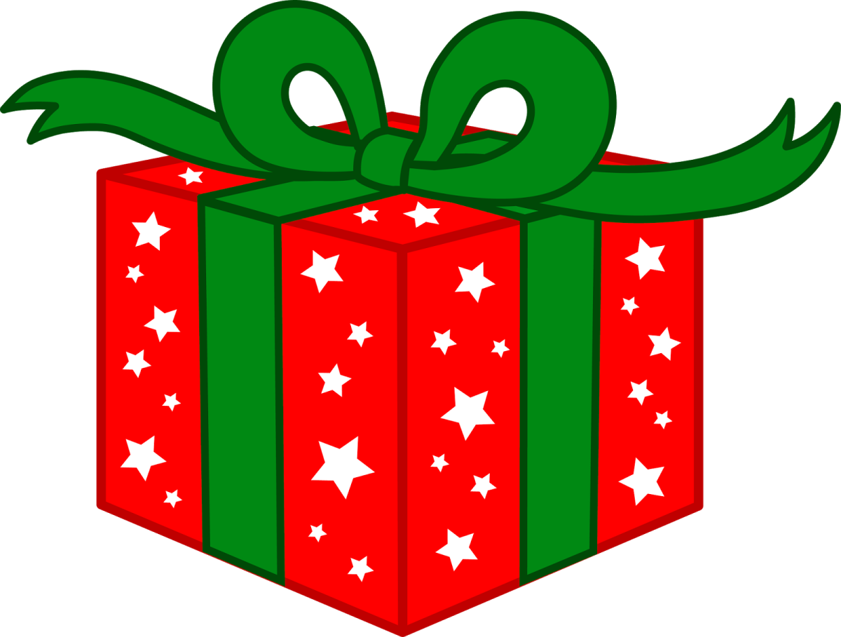 a red gift box with green ribbon and stars