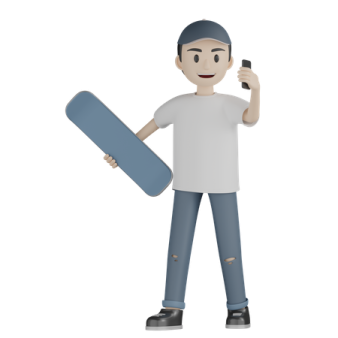 a man holding a skateboard and talking on the phone