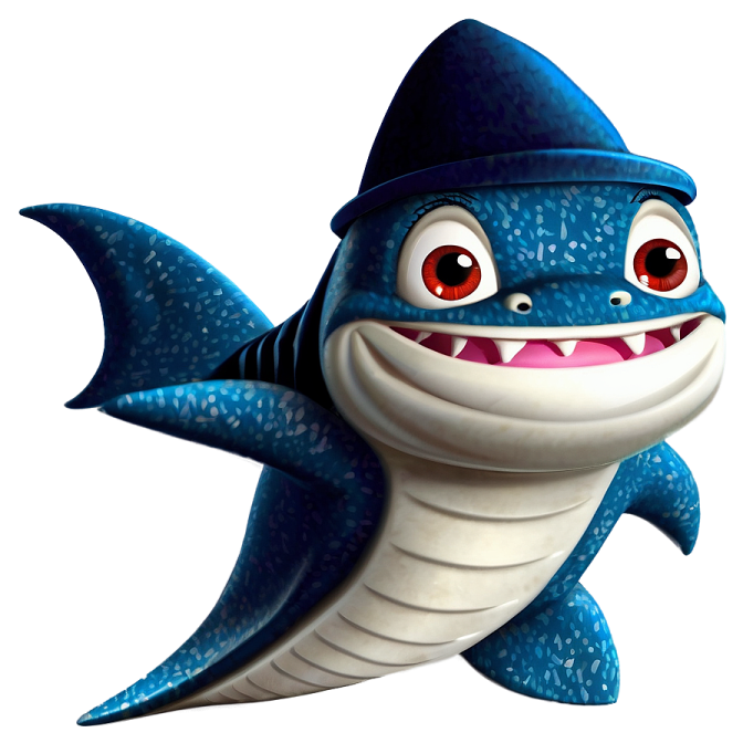 a cartoon shark wearing a hat and smiling
