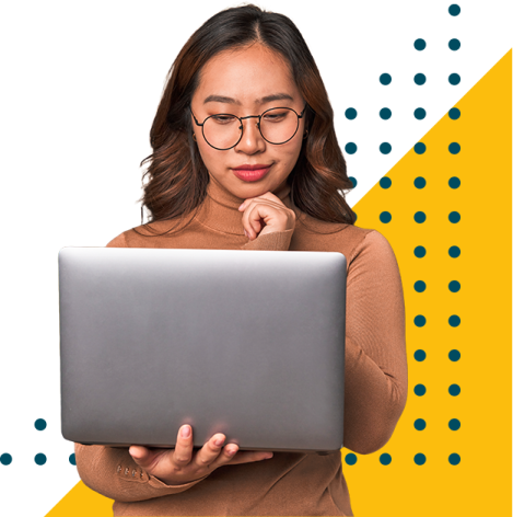 a woman with glasses holding a laptop computer