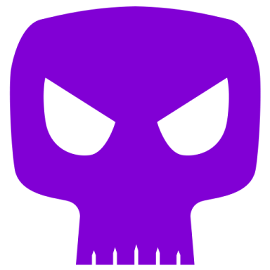 a purple skull with white eyes