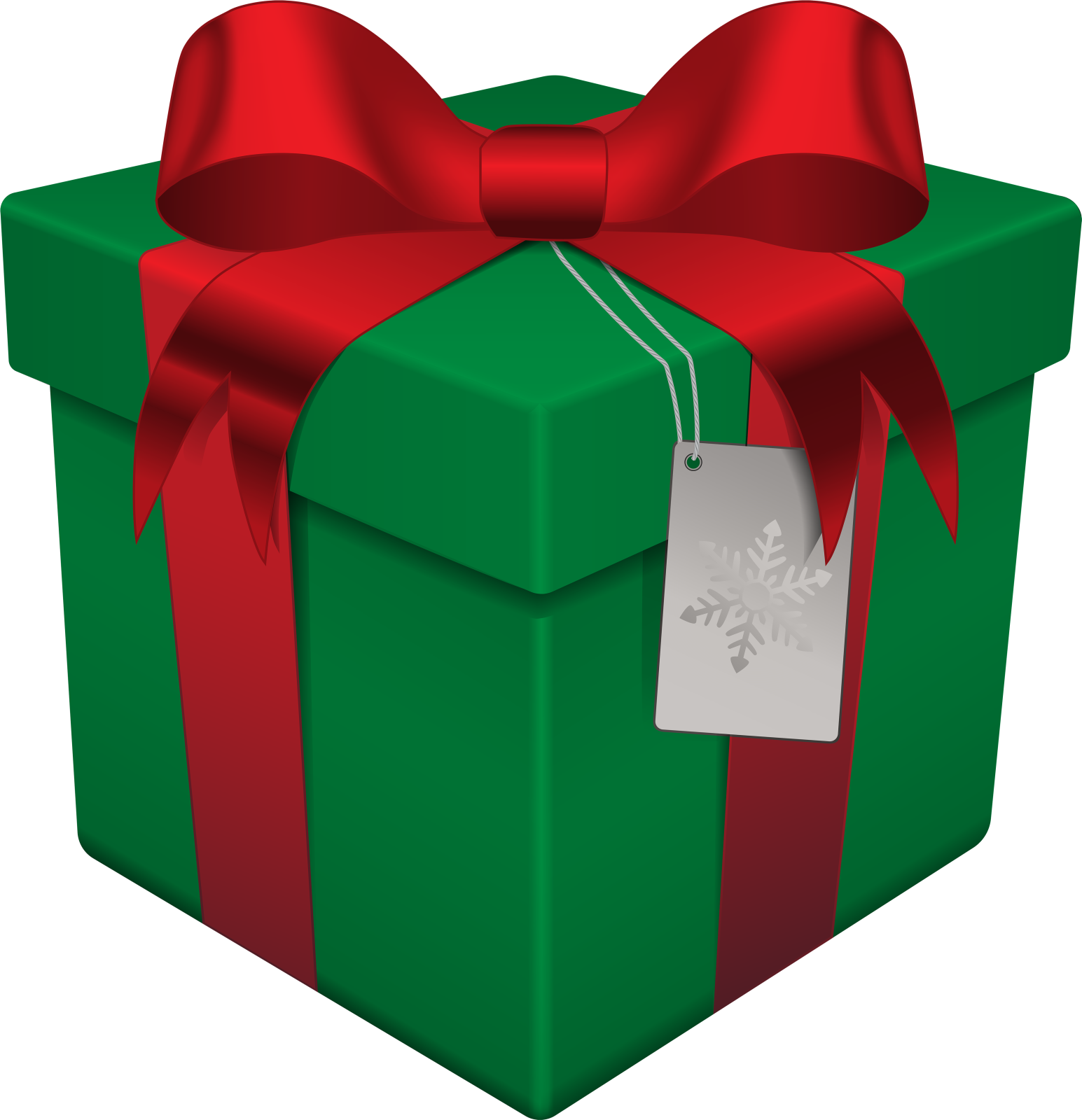 a green gift box with red ribbon and a tag