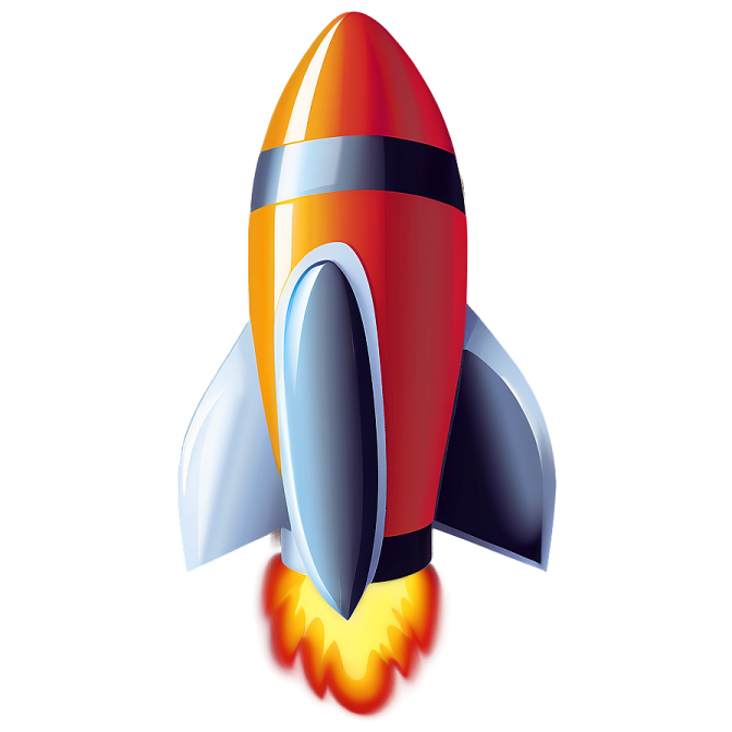 a red and blue rocket on a white background
