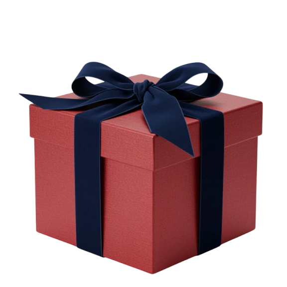 a red gift box with a blue ribbon