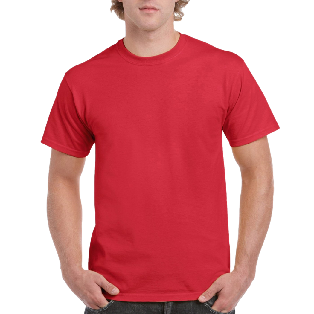 a man wearing a red t - shirt