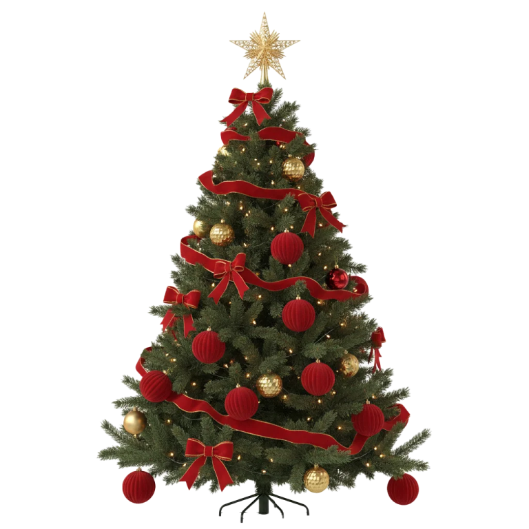 a christmas tree with red bows and gold ornaments
