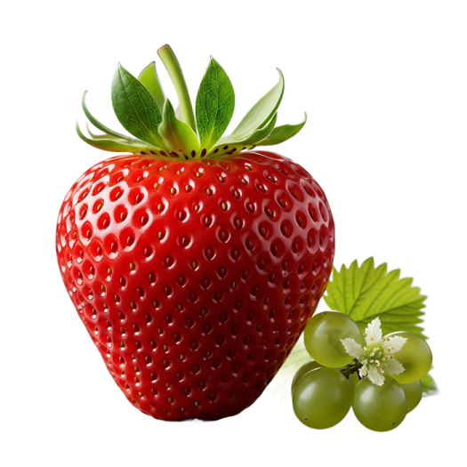 a strawberry and some green leaves on a white background
