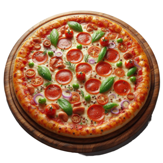 a pizza on a wooden board with pepper, tomatoes and basil