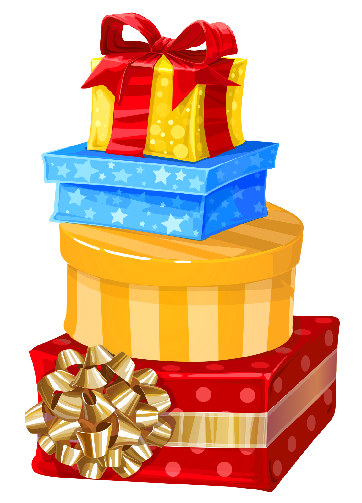 a stack of gift boxes with bows and ribbons