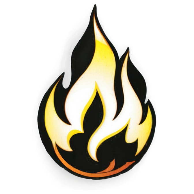 a black and yellow flame on a white background
