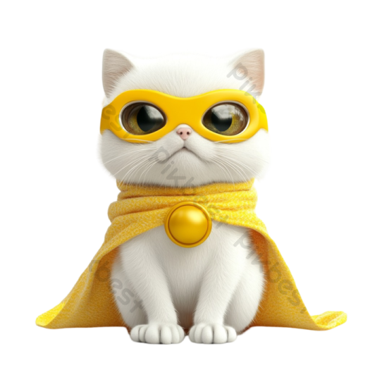 a white cat wearing a yellow cape and mask