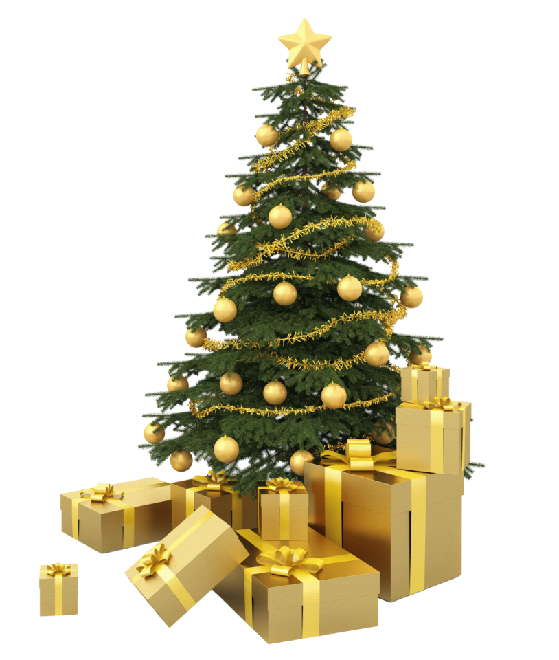 a christmas tree with presents around it