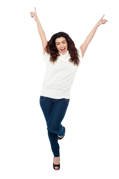 a woman jumping in the air with her arms outstretched
