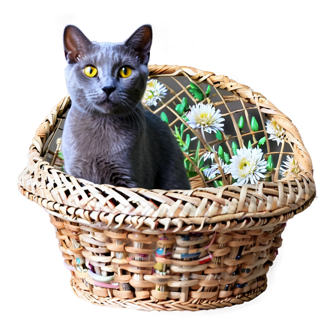 a cat sitting in a basket with flowers