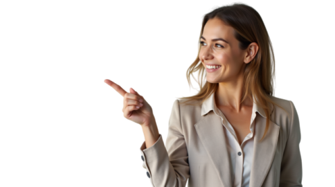 a woman in a business suit pointing at something