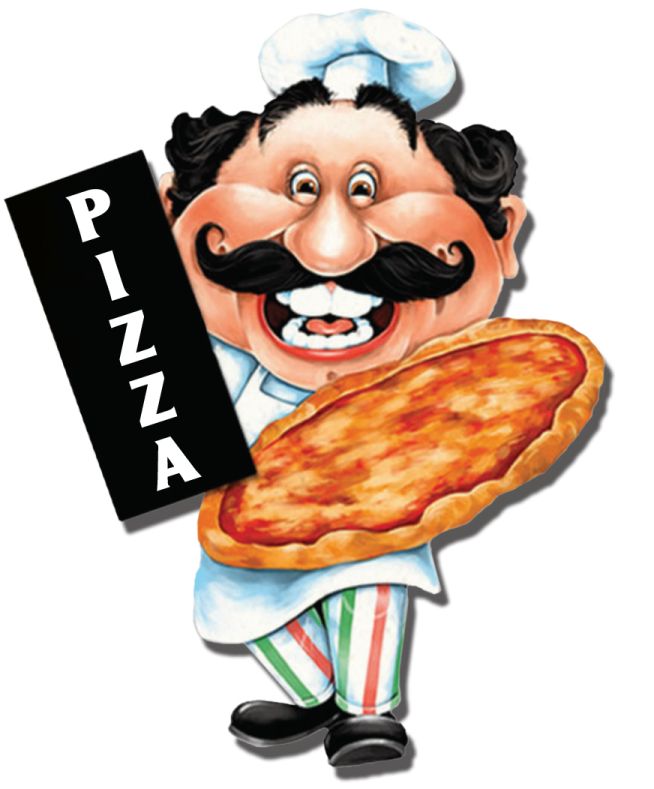 a cartoon character holding up a pizza sign